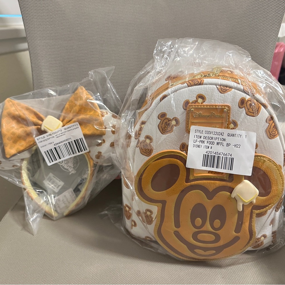 Mickey Waffle Disney Parks Loungefly Backpack and Matching Ears - New